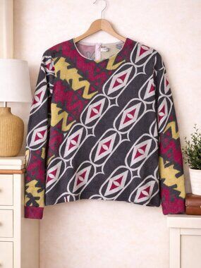 Vintage Helen Sue 70s Mod Geometric Top Pink Yellow Gray Hong Kong Women's